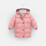 Pink children's puffer jacket on a hanger against a white background