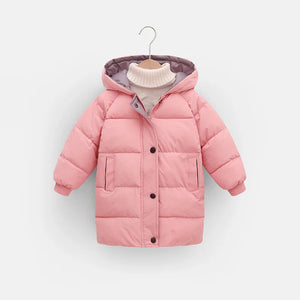 Pink children's puffer jacket on a hanger against a white background