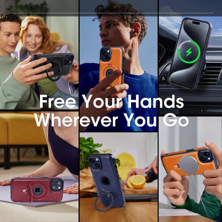 Luxury leather magnetic ring stand iPhone case with full protection, fits iPhone 12, 13, 14, 15, and 16 Pro Max Plus.