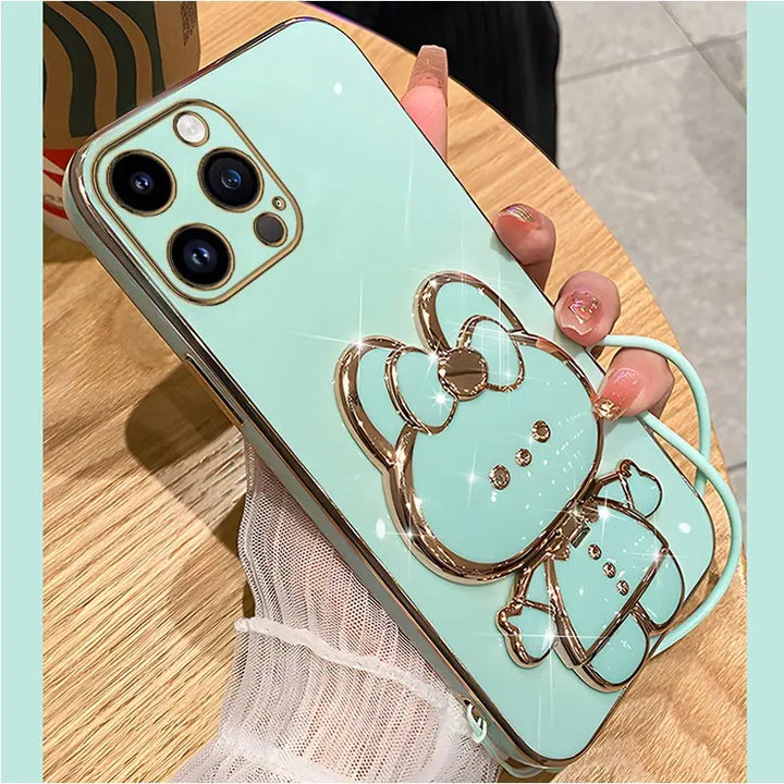 Mirror Rabbit Strap Plating Case for iPhone 14 13 12 11 Pro Max - Glossy, Anti-Scratch, Dustproof with Lanyard