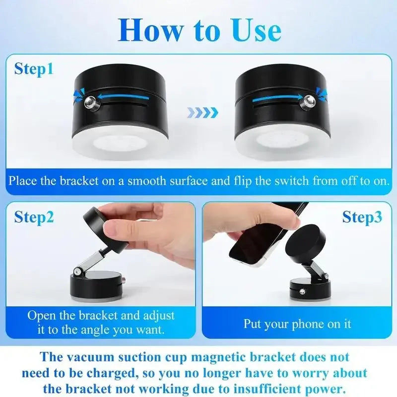 Instructions on how to use a vacuum suction cup magnetic bracket with text and images.