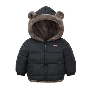 Black children's puffer jacket with bear ears on a white background