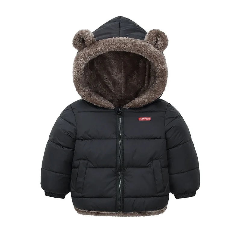 Black children's puffer jacket with bear ears on a white background