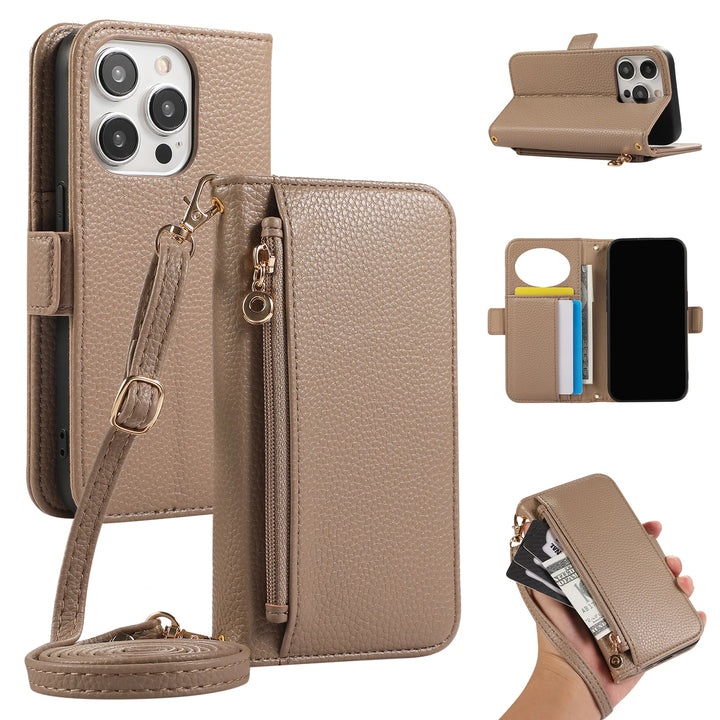Crossbody Zipper Wallet Case with Card Holder for iPhone 16/15/14/13/12/11 Pro Max, Leather Cover