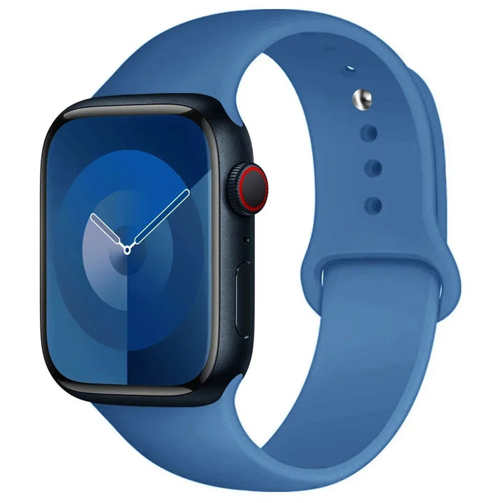 Silicone sport band for Apple Watch, compatible with Series 9/8/7/6/5/SE/Ultra, shown in vibrant colors.
