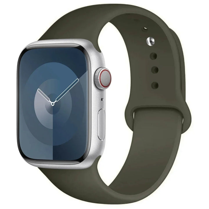 Silicone sport band for Apple Watch, compatible with Series 9/8/7/6/5/SE/Ultra, shown in vibrant colors.