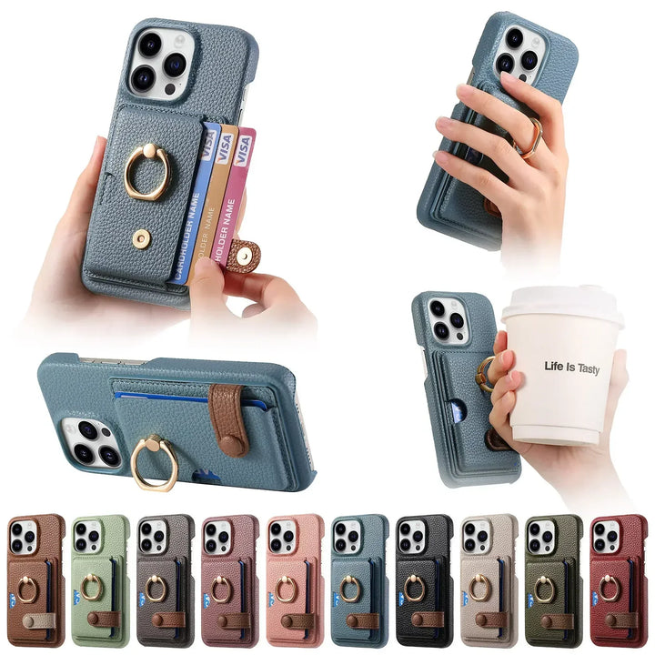 Luxury Leather Ring Wallet Case for iPhone 11/12/13/14/15/16 Pro Max with Ring Holder and Shockproof Design