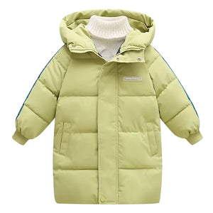 Light green puffer jacket with a hood on a white background