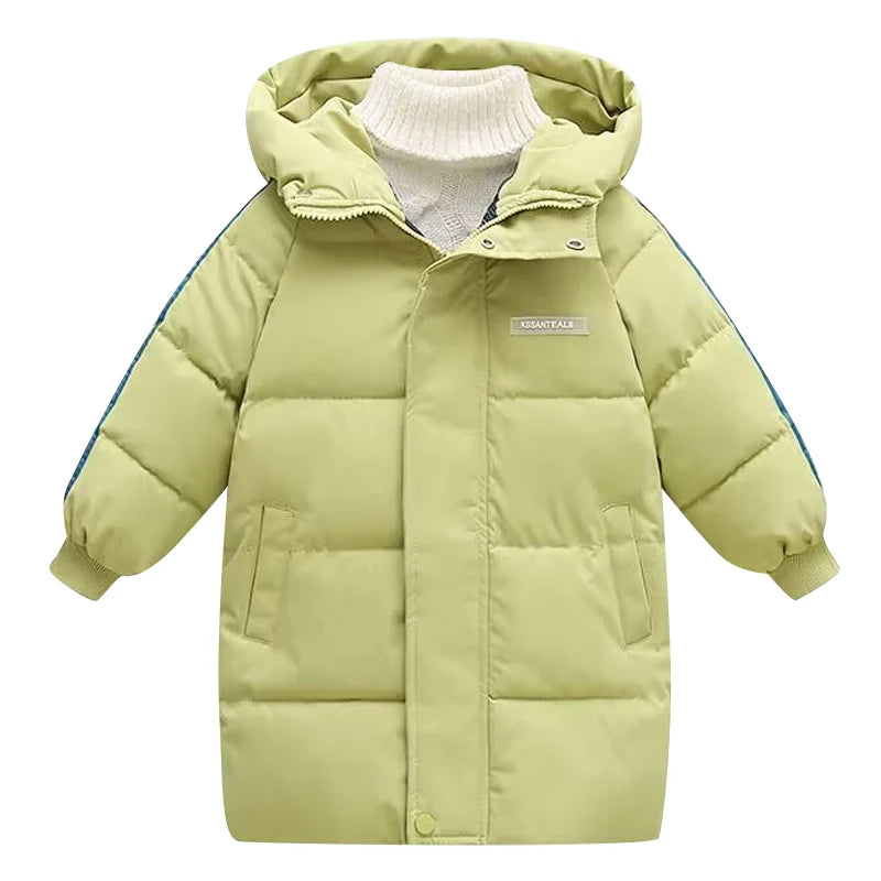 Light green puffer jacket with a hood on a white background