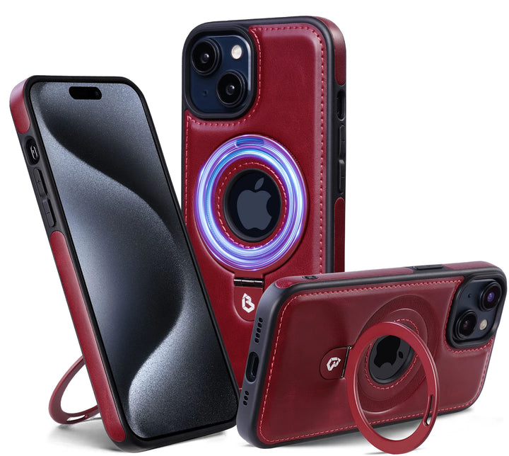 Luxury leather magnetic ring stand iPhone case with full protection, fits iPhone 12, 13, 14, 15, and 16 Pro Max Plus.