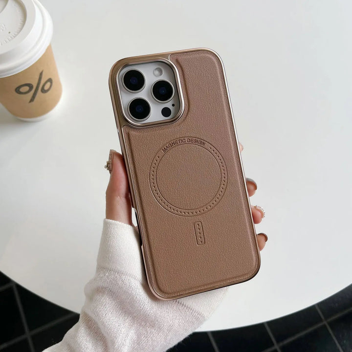 Luxury leather magnetic iPhone case with MagSafe compatibility, durable protection, fits iPhone 11, 12, 13, 14, 15, and 16 Pro Max.