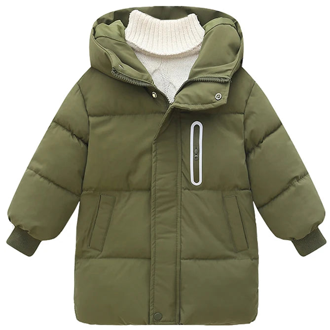 Green puffer jacket with a hood on a white background