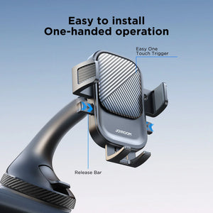 Car phone holder with text highlighting ease of installation and one-handed operation on a blue background