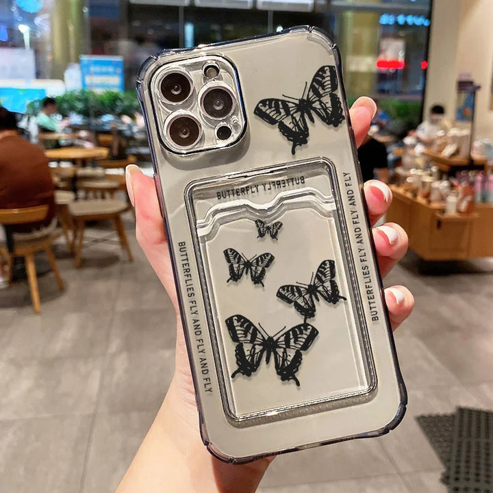 Transparent wallet card holder soft case for iPhone with card slots and shockproof protection.