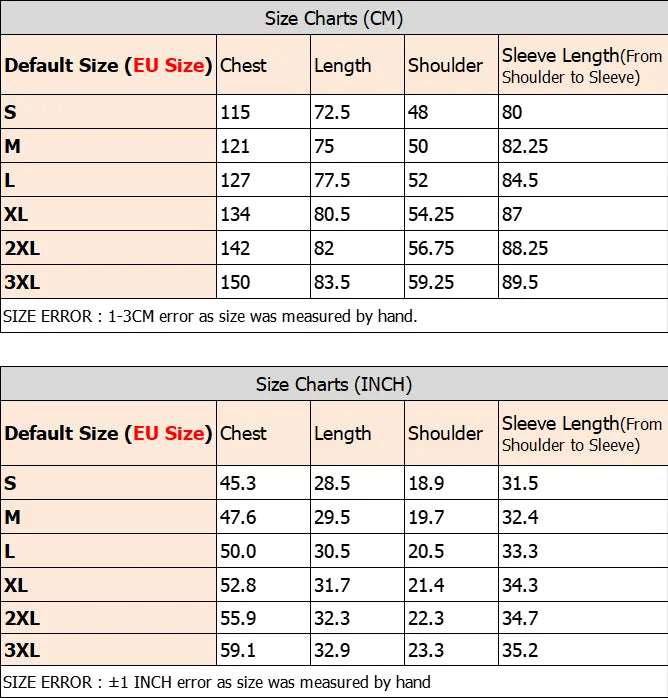 Size chart for clothing with measurements in centimeters and inches.
