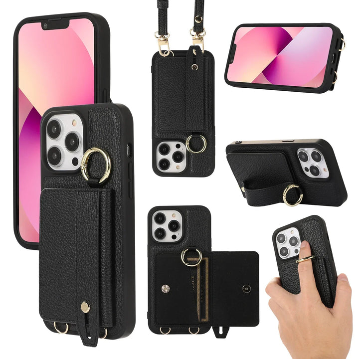 Leather Crossbody Wallet Case with Wristband and Card Slot for iPhone 15/16/14/13/12/11