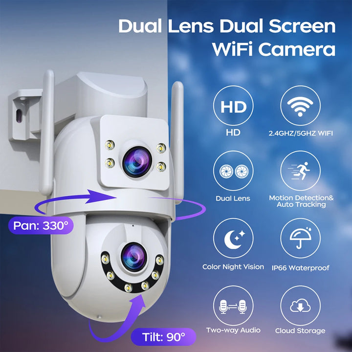 White dual-lens dual-screen WiFi camera with features listed on a blue background