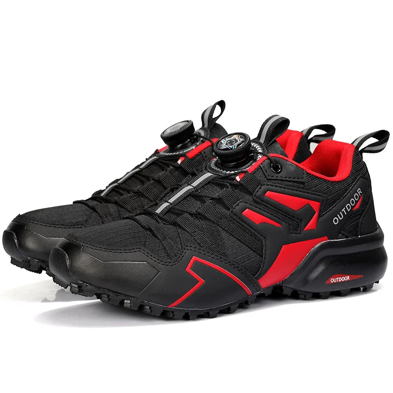 Black and red outdoor shoes on a white background