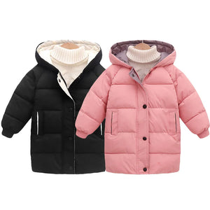 Black and pink children's puffer jackets with hoodies on a white background