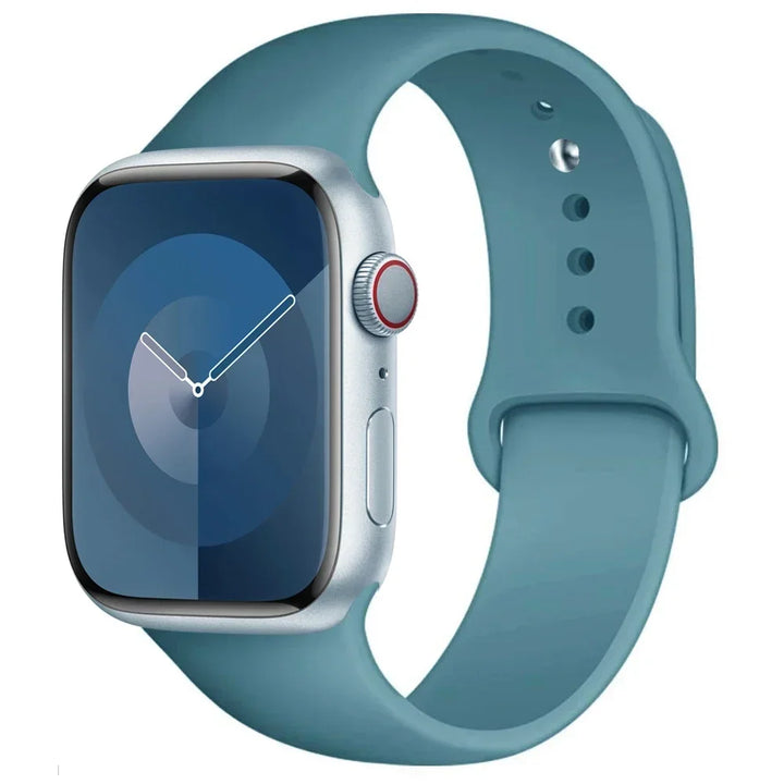Silicone sport band for Apple Watch, compatible with Series 9/8/7/6/5/SE/Ultra, shown in vibrant colors.