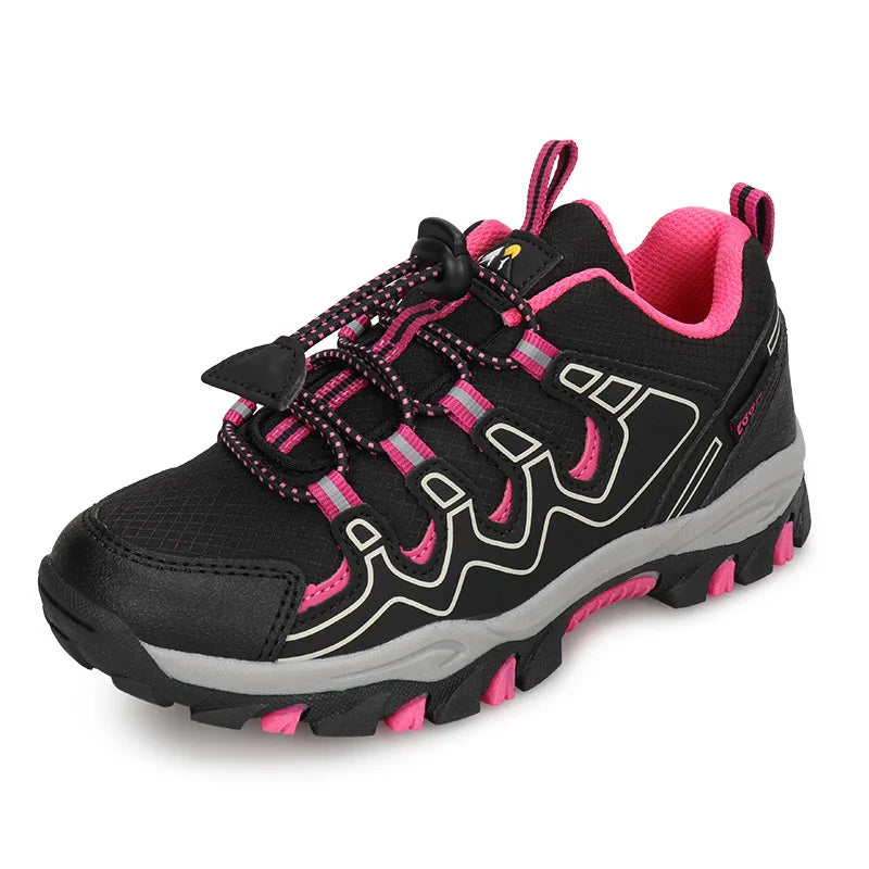 Black and pink hiking shoe on a white background