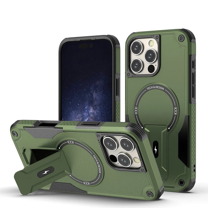 Military Shockproof Magnetic Case with Kickstand for iPhone 11–16 – Rugged Armor with Foldable Holder – Black, Green, Gold, Pink