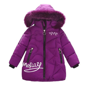 Purple children's winter coat with fur-lined hood on a white background