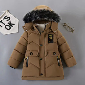 Brown winter coat with fur-lined hood on a gray background