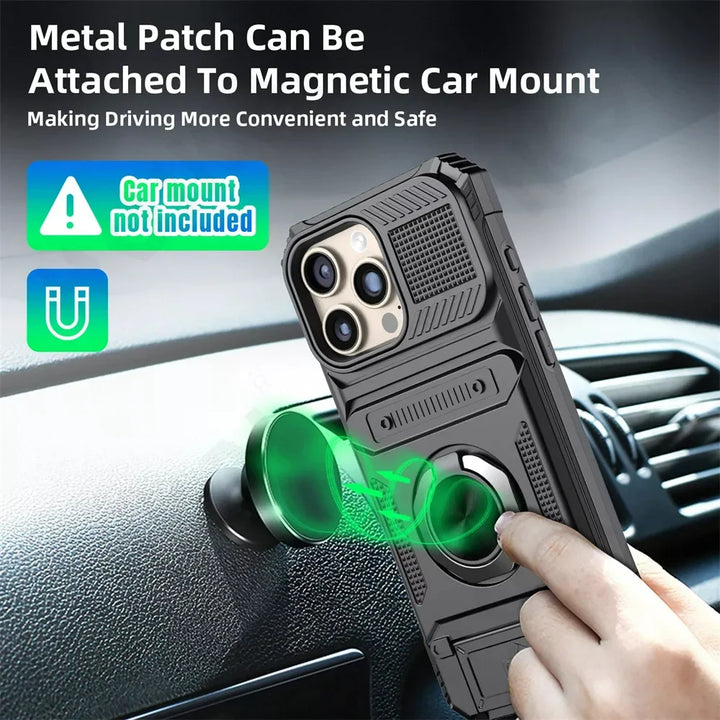 Magnetic iPhone Wallet Case with Rotating Ring Kickstand – Drop Protection & Card Pocket for iPhone 16 15 14 13 12 11