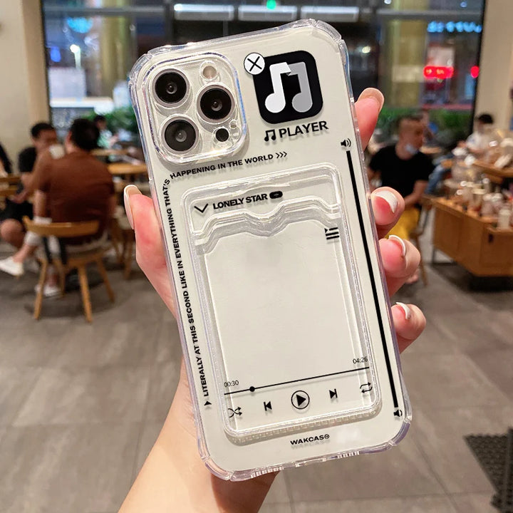 Transparent wallet card holder soft case for iPhone with card slots and shockproof protection.