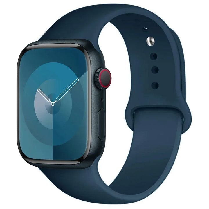 Silicone sport band for Apple Watch, compatible with Series 9/8/7/6/5/SE/Ultra, shown in vibrant colors.