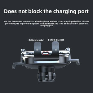 Phone mount with text explaining its features on a black background