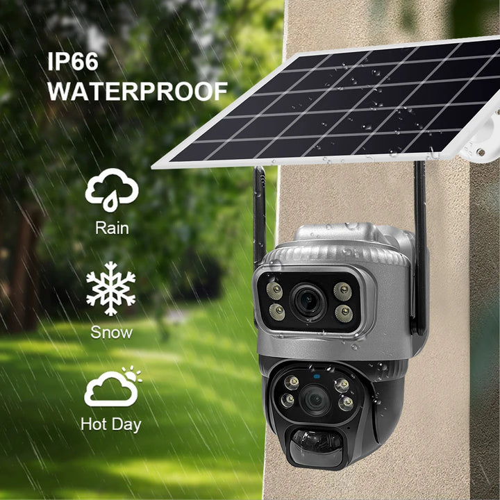 Solar-powered outdoor security camera with waterproof feature, rain, snow, and hot day icons.
