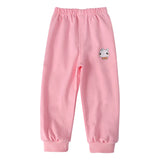 Pink sweatpants with a small cartoon character on a white background