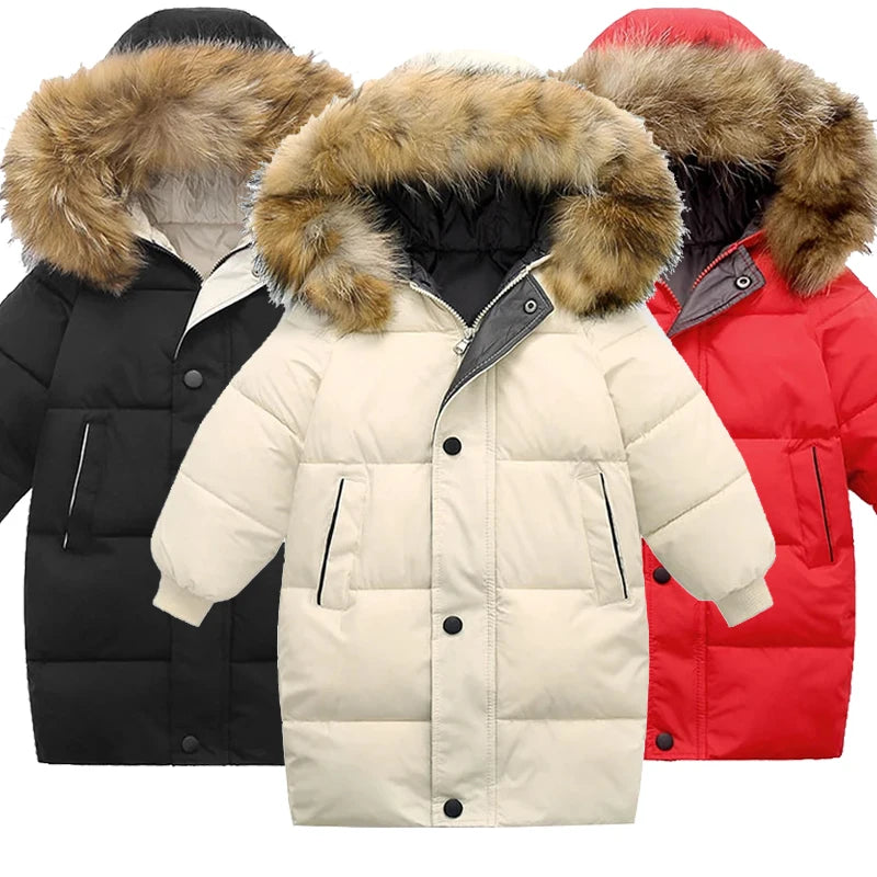 Three winter jackets with fur-lined hoods in black, beige, and red.