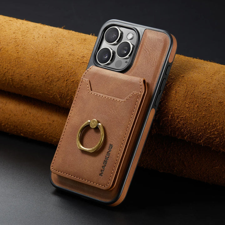 Leather Card Slot Ring Magnetic Wallet Case for iPhone 16 15 Pro Max 14 Plus 13 12