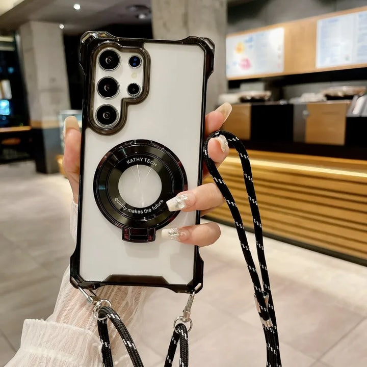 Magnetic Lanyard Strap Case with Stand for Samsung Galaxy S20-S24 Ultra, Transparent Crossbody Design