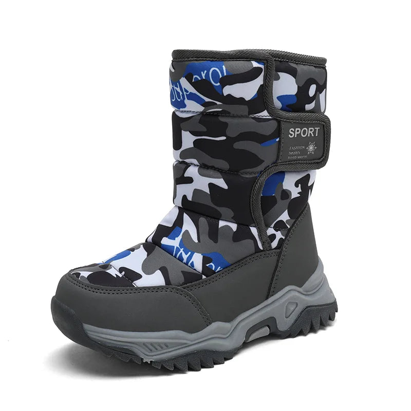Camouflage-patterned snow boot with gray and black accents on a white background