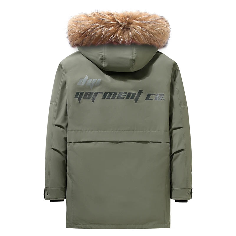 Green parka jacket with fur hood on a white background
