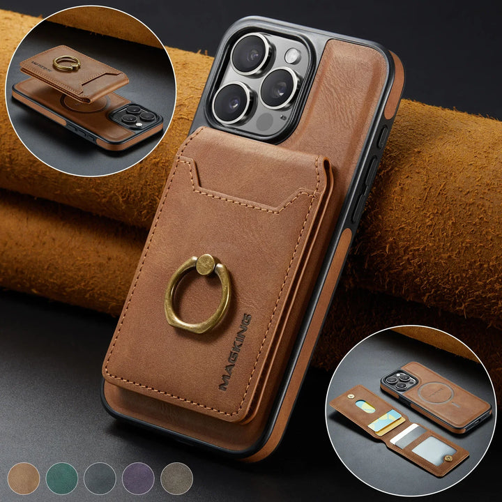 Leather Card Slot Ring Magnetic Wallet Case for iPhone 16 15 Pro Max 14 Plus 13 12