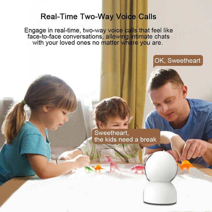 Two-way voice call device with a man, child, and young girl playing with toys around it.