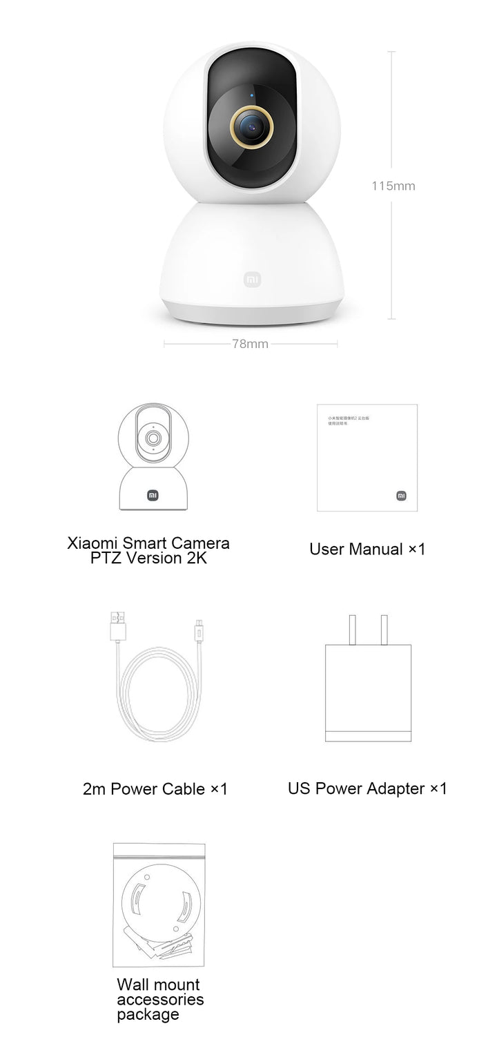 Xiaomi Smart Camera PTZ Version 2K with packaging contents on a white background