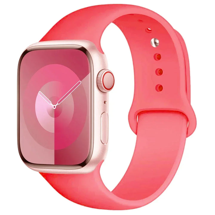 Silicone sport band for Apple Watch, compatible with Series 9/8/7/6/5/SE/Ultra, shown in vibrant colors.