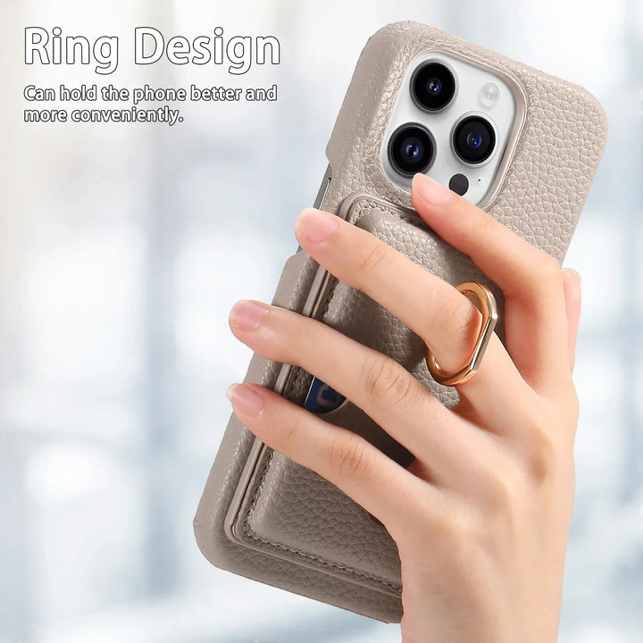 Luxury Leather Ring Wallet Case for iPhone 11/12/13/14/15/16 Pro Max with Ring Holder and Shockproof Design