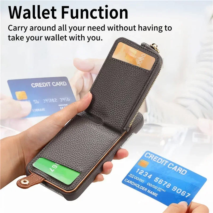 Luxury leather zipper wallet iPhone case with card holder and full protection, fits iPhone 11, 12, 13, 14, 15, and 16 Pro Max.