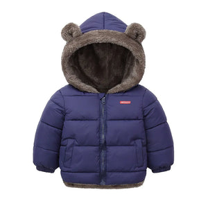Blue children's puffer jacket with bear ears and brown interior on a white background