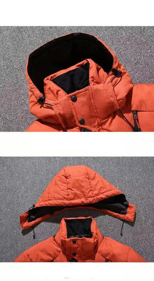 Orange winter coat with a detachable hood on a gray background