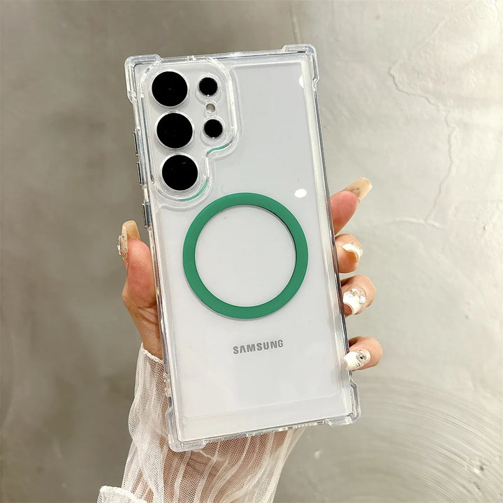 Transparent Armour Magnetic Case with reinforced corners, shockproof design, and wireless charging support for Samsung S25, S24, S23, S22, S21.