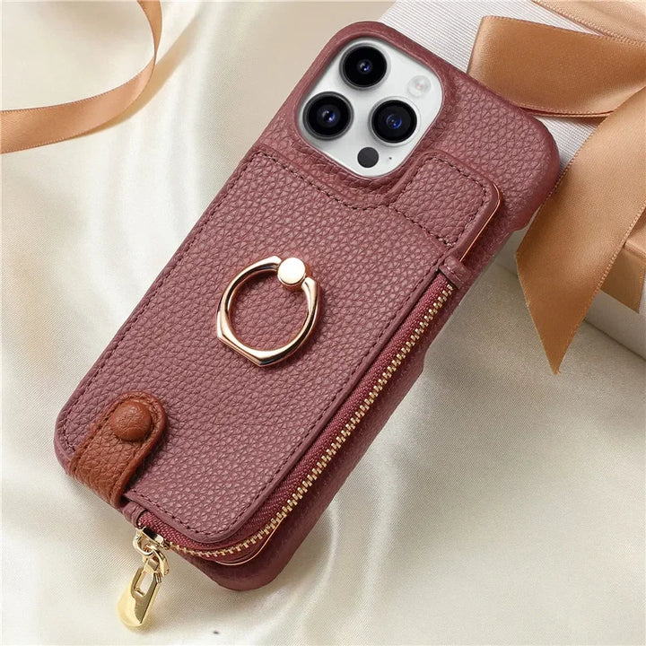 Luxury leather zipper wallet iPhone case with card holder and full protection, fits iPhone 11, 12, 13, 14, 15, and 16 Pro Max.