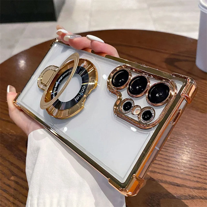 For Magsafe Plating Magnetic Plating Stand Phone Case For Samsung Galaxy S25 S24 S23 S22 Ultra S21 Plus S20 FE Clear Cover Case